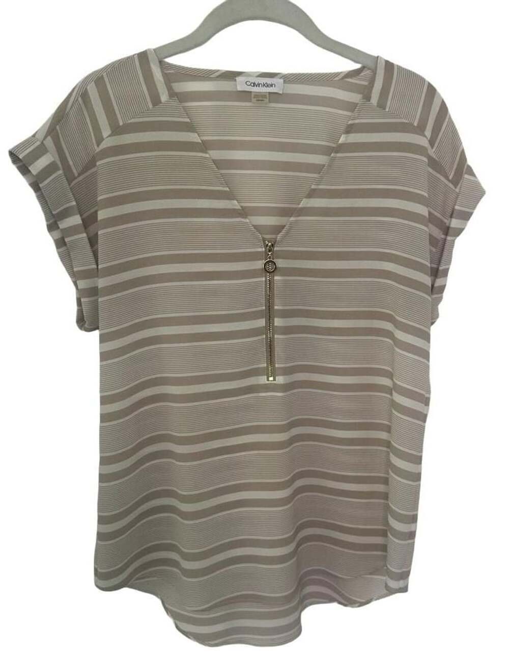 Calvin Klein Blouse Size M Striped Short Sleeve Zip V-Neck Top